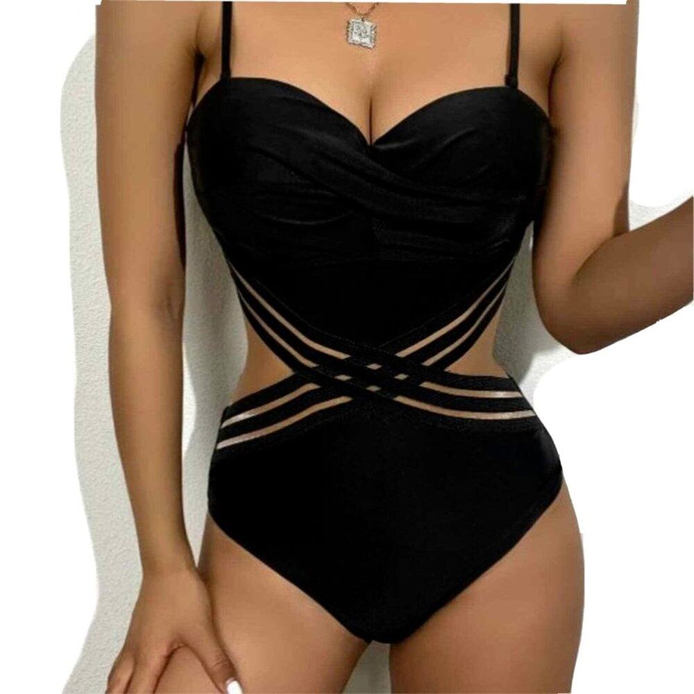 CRISS CROSS One Piece Bathing Suit Sz XL BLACK Glam Avante Garde Push Padded NEW